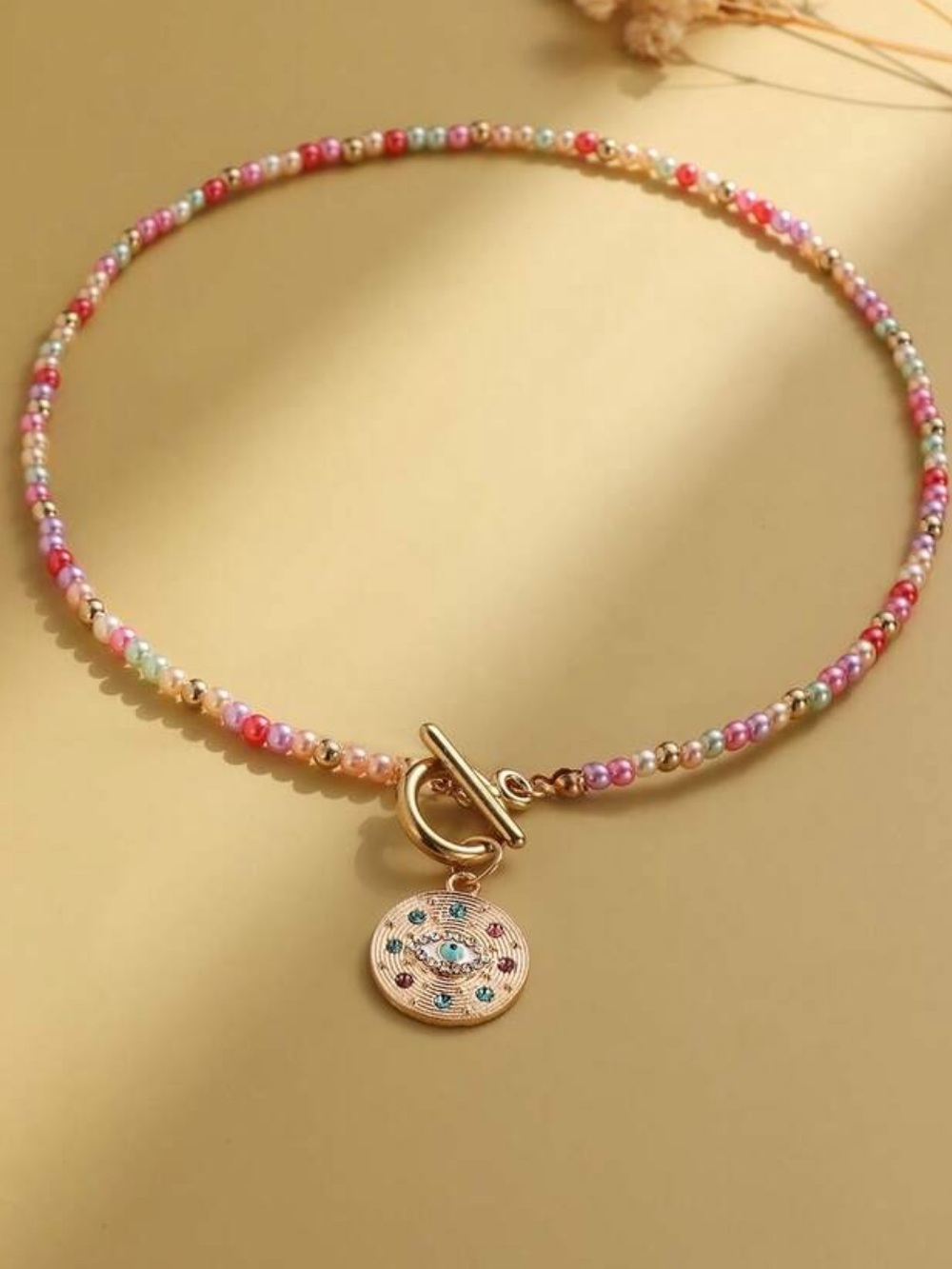 Multicolor Beaded Gold Charm Choker Necklace